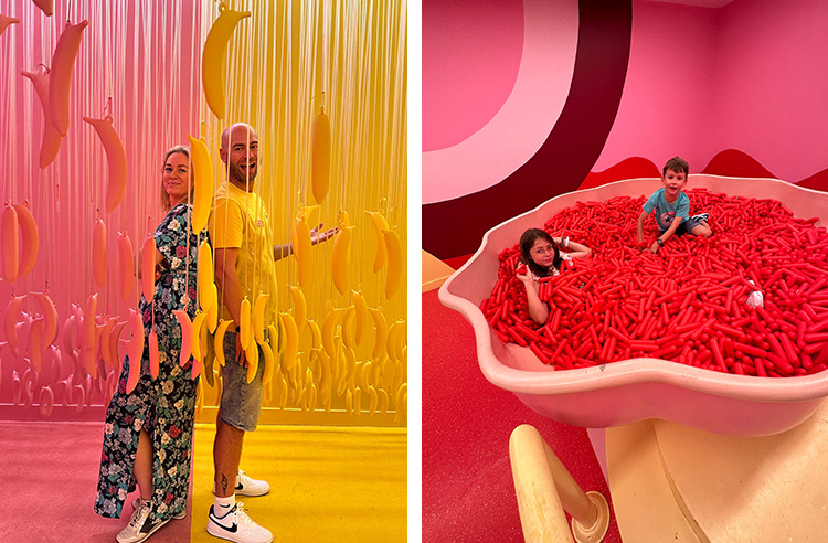 Adri y Gosi posando y Daniela y Oli en una piscina de confeti en el Museo del Helado de Nueva York