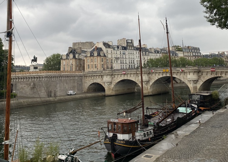 vista de unos barcos bajo el pont neuf de parís