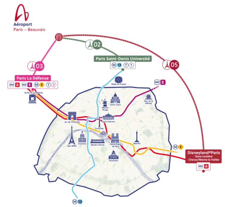 mapa de las líneas de bus del aeropuerto de Beauvais a París y Disney