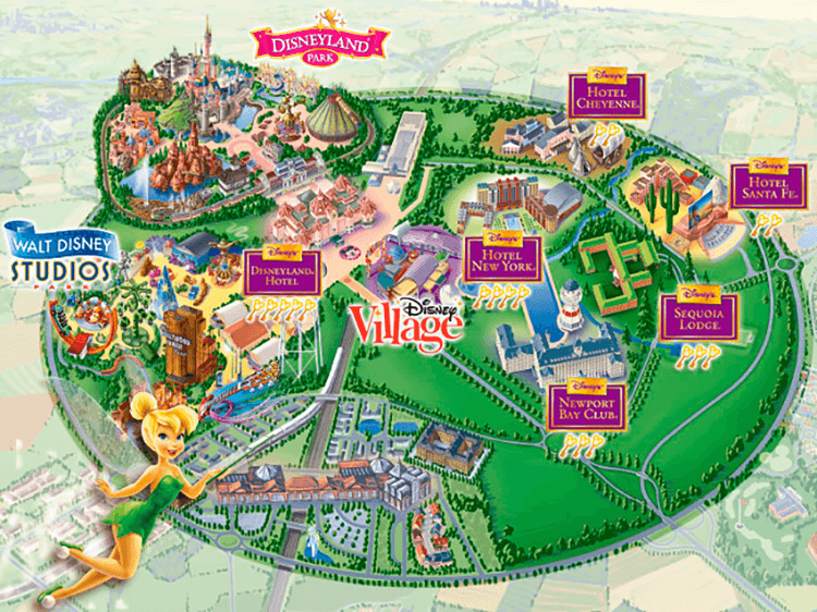 Mapa general de Disneyland París, los dos parques, Disney Village y hoteles