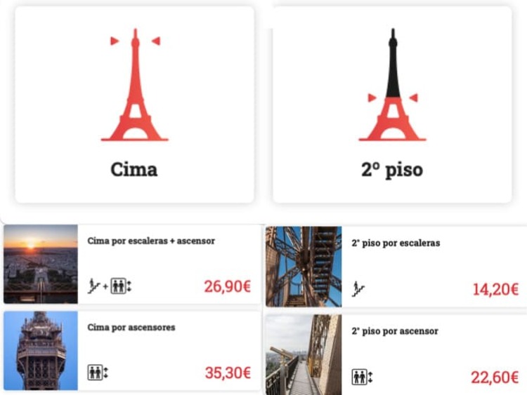 precio oficial de las entradas para subir a los niveles 2 y 3 De la Torre Eiffel 